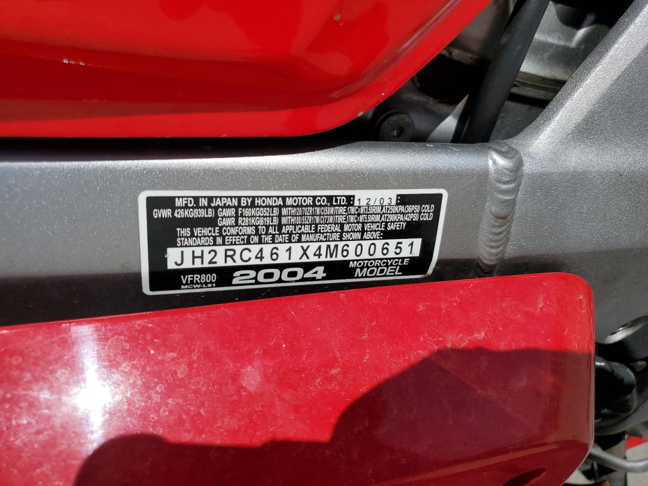 2004 Honda Vfr800 VIN: JH2RC46164M600651 Lot: 68443445