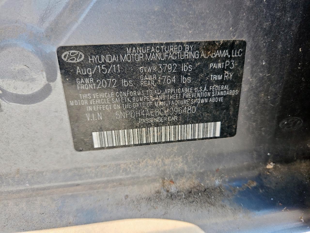 2012 Hyundai Elantra Gls VIN: 5NPDH4AE8CH096480 Lot: 67662505