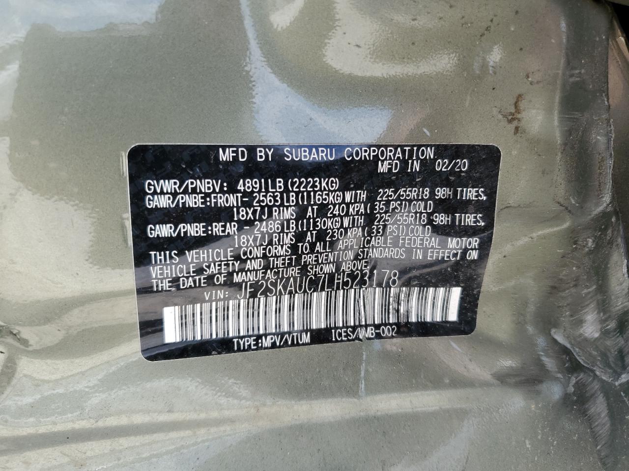 2020 Subaru Forester Limited VIN: JF2SKAUC7LH523178 Lot: 69843065