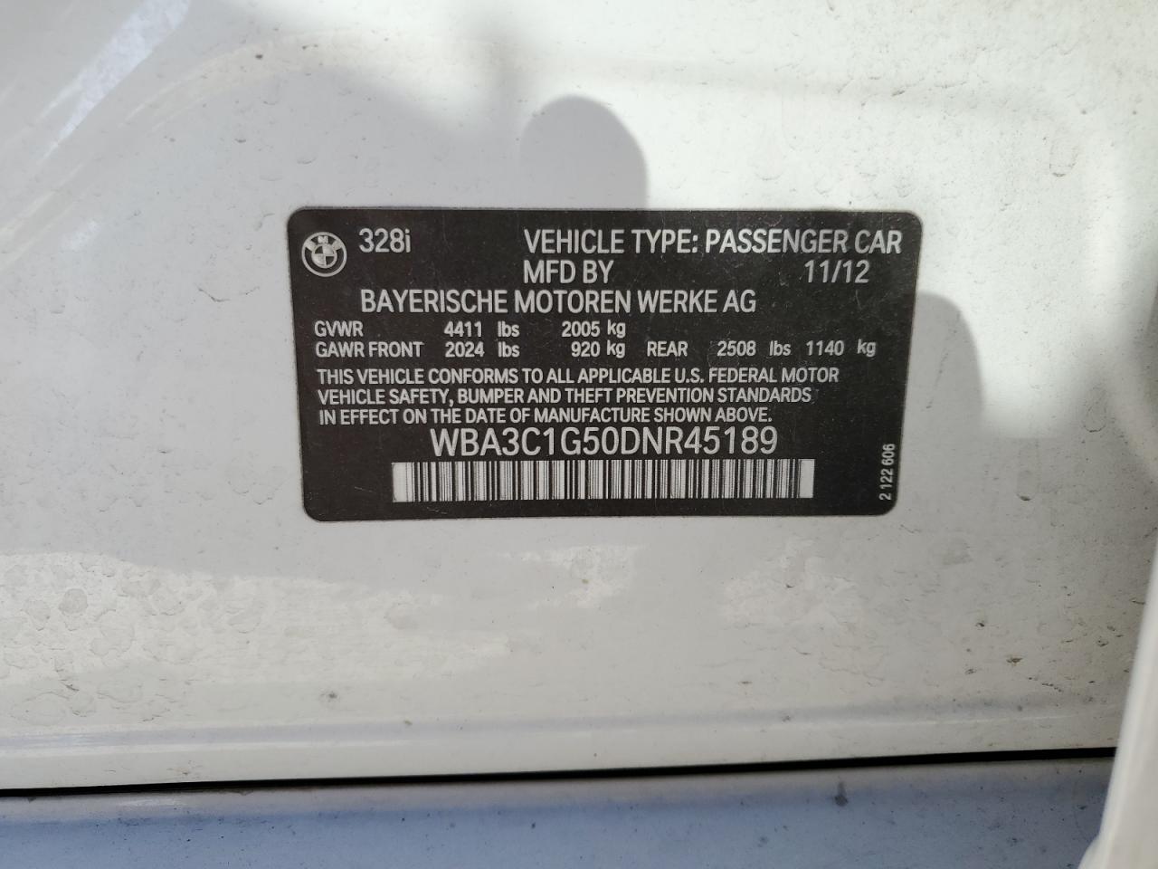 2013 BMW 328 I Sulev VIN: WBA3C1G50DNR45189 Lot: 69106285