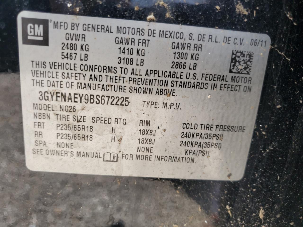 2011 Cadillac Srx Luxury Collection VIN: 3GYFNAEY9BS672225 Lot: 67958015