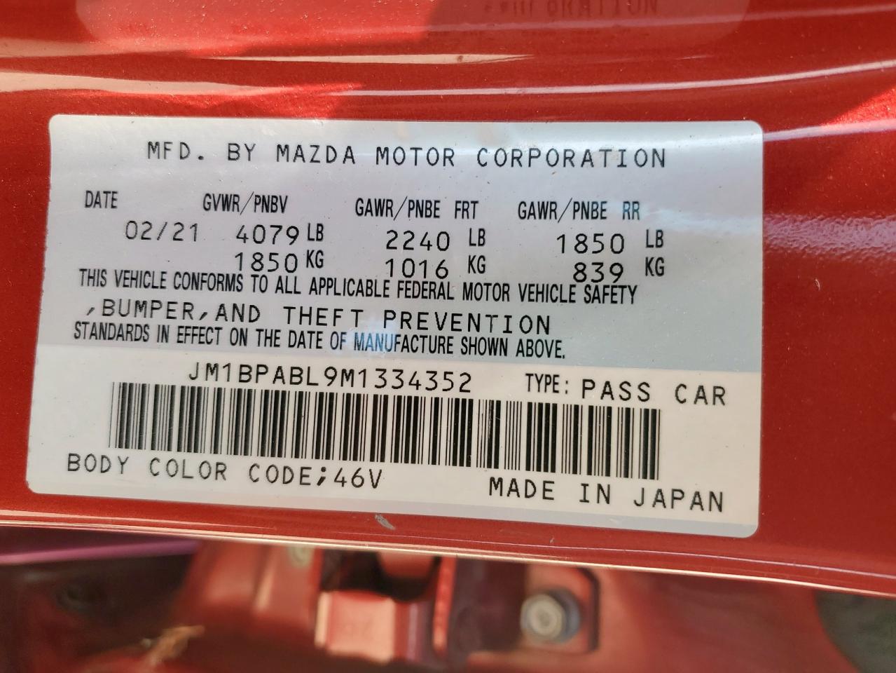 2021 Mazda 3 Select VIN: JM1BPABL9M1334352 Lot: 70339785