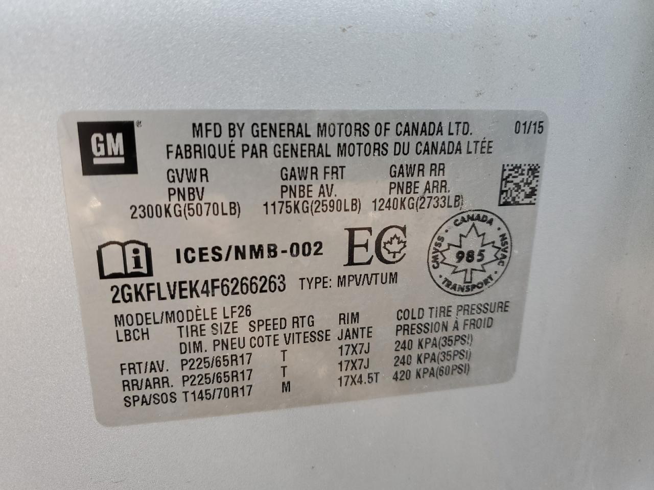 2015 GMC Terrain Sle VIN: 2GKFLVEK4F6266263 Lot: 66912665