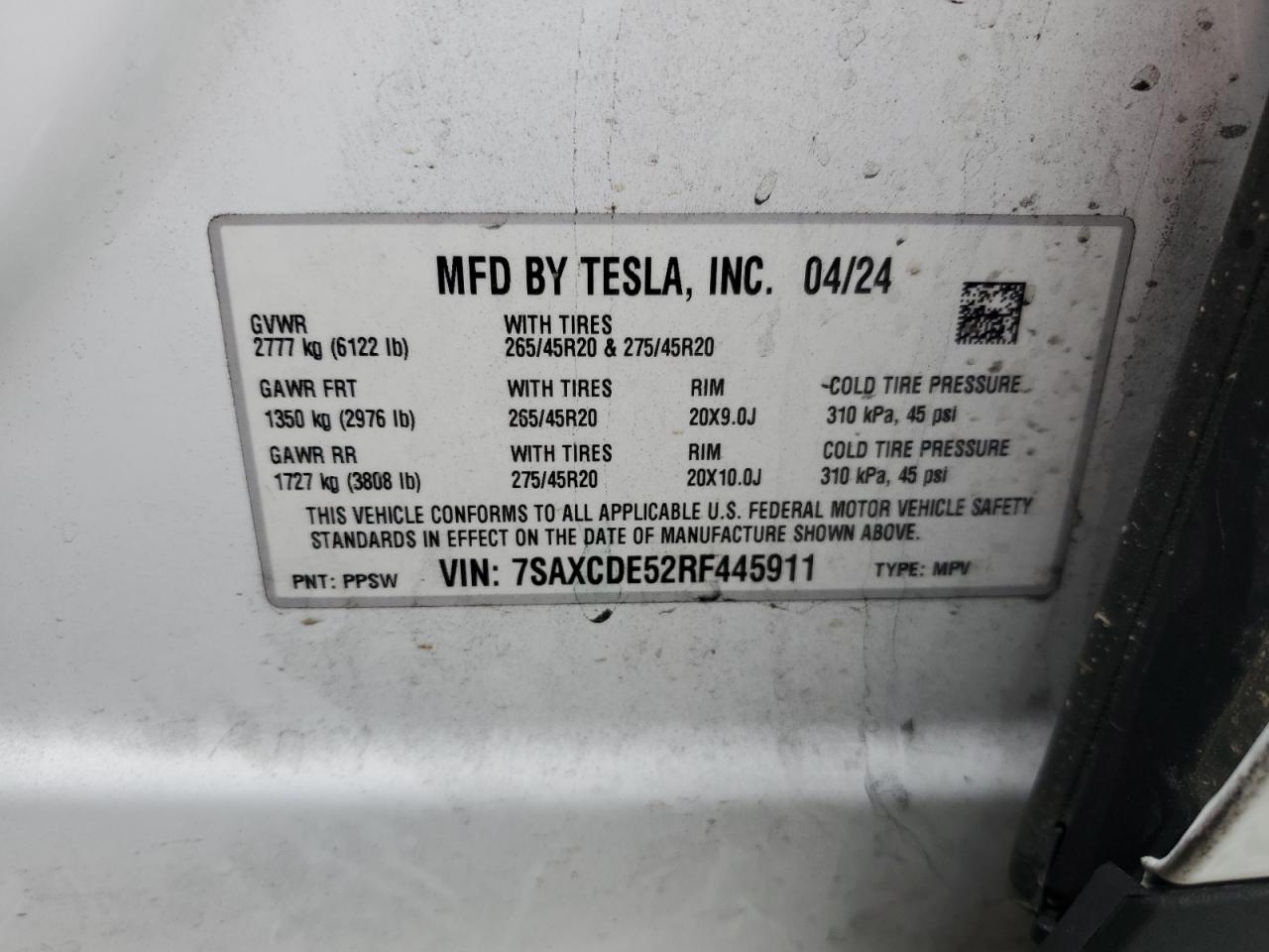 2024 Tesla Model X VIN: 7SAXCDE52RF445911 Lot: 67079295