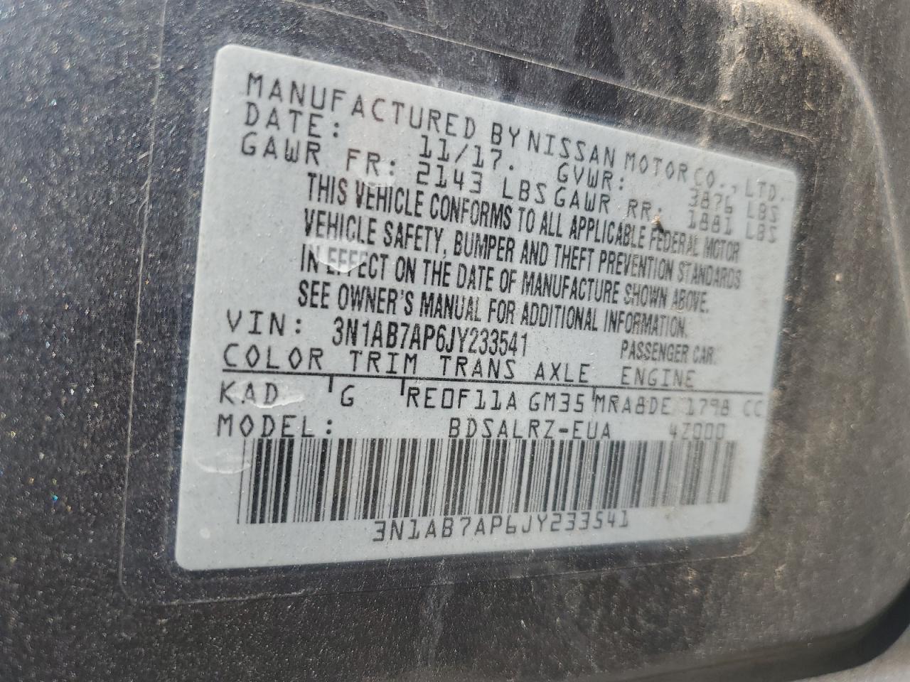 2018 Nissan Sentra S VIN: 3N1AB7AP6JY233541 Lot: 68752315