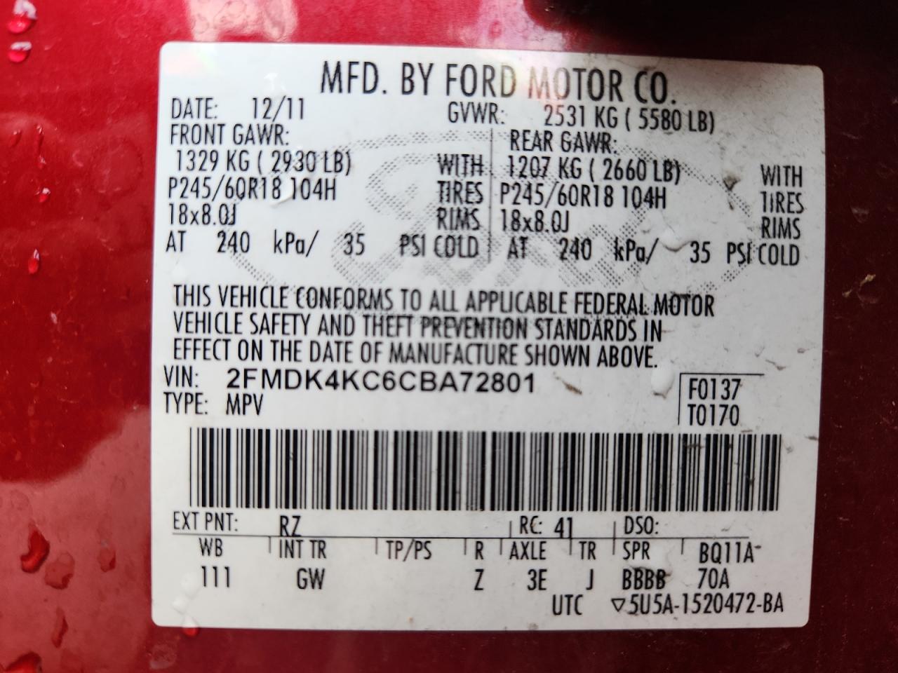 2012 Ford Edge Limited VIN: 2FMDK4KC6CBA72801 Lot: 70484195