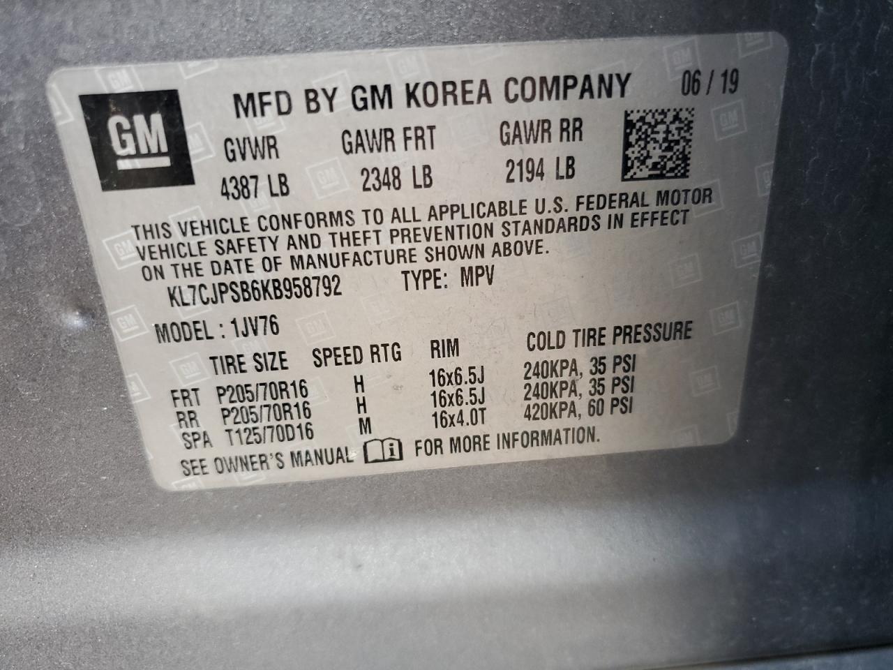 2019 Chevrolet Trax 1Lt VIN: KL7CJPSB6KB958792 Lot: 68888045