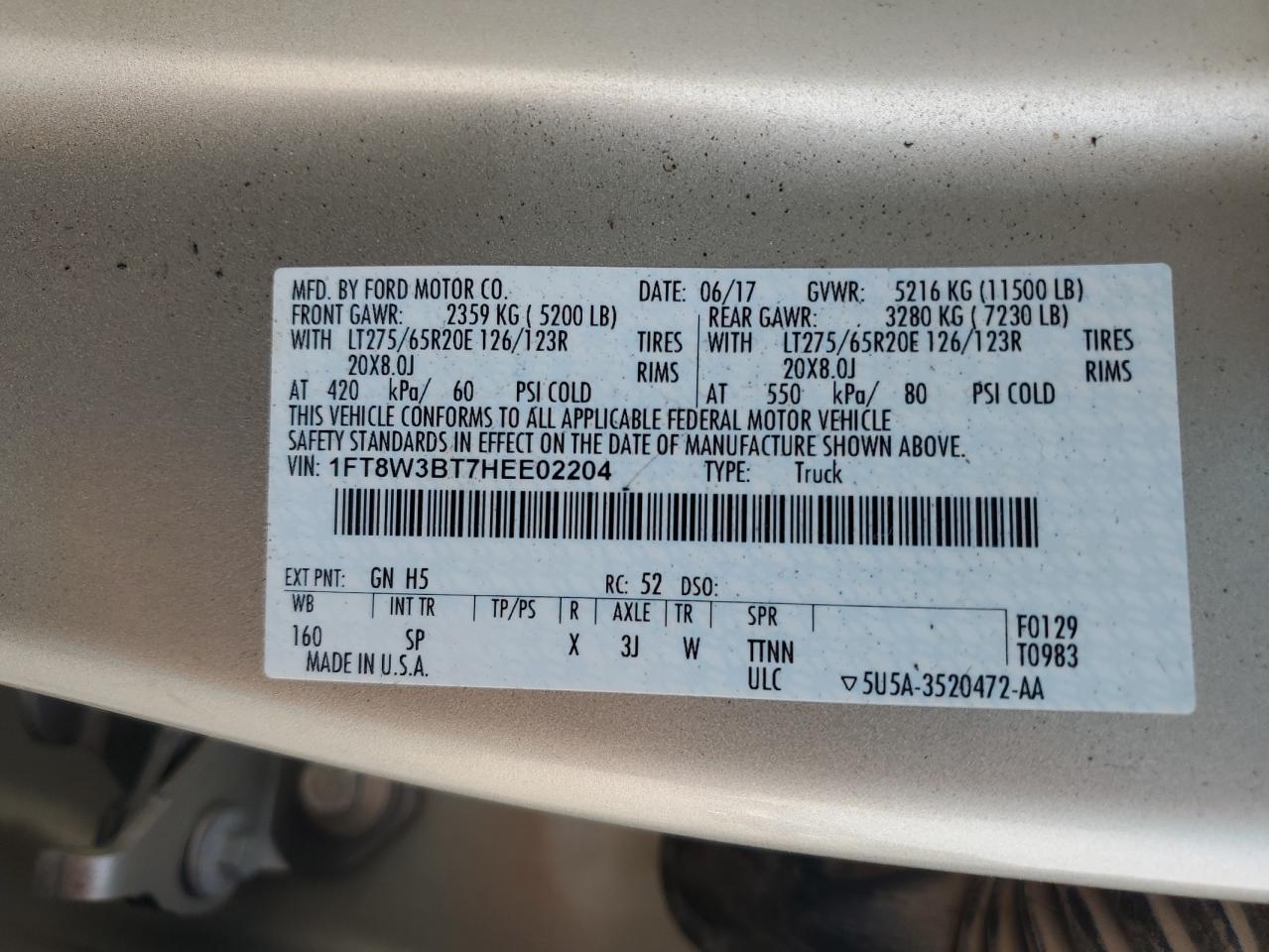 2017 Ford F350 Super Duty VIN: 1FT8W3BT7HEE02204 Lot: 68016045