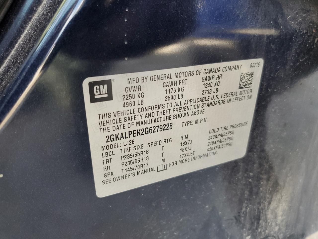 2016 GMC Terrain Slt VIN: 2GKALPEK2G6279228 Lot: 69039835