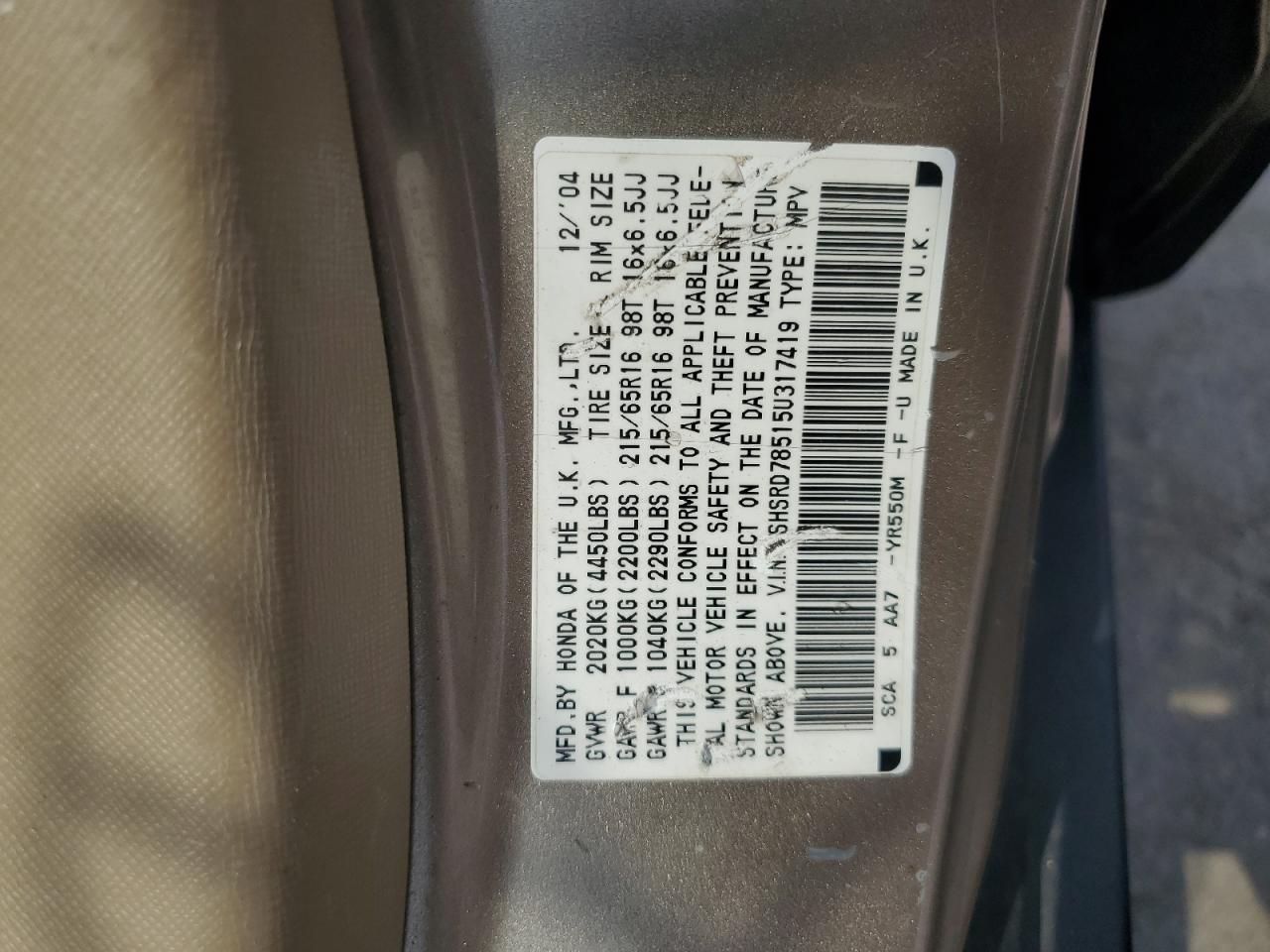 2005 Honda Cr-V Lx VIN: SHSRD78515U317419 Lot: 67688685