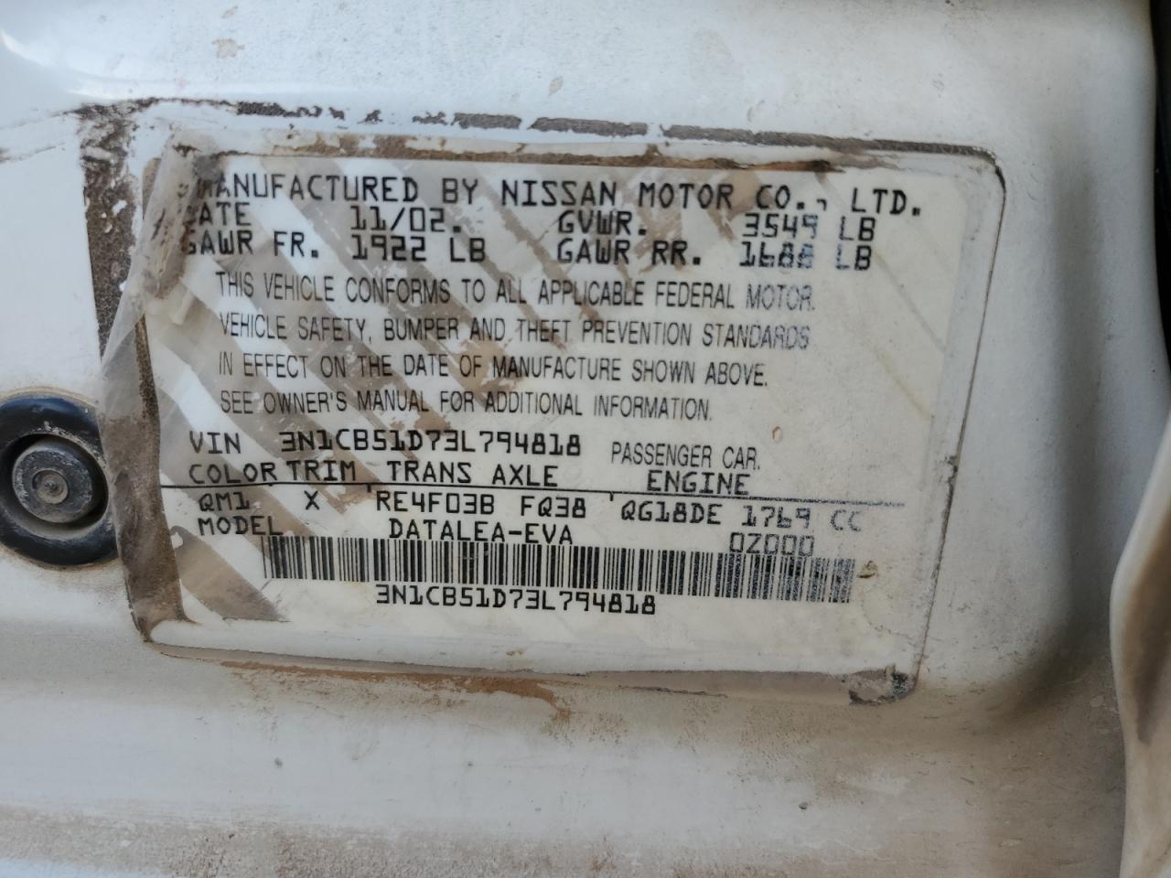 2003 Nissan Sentra Xe VIN: 3N1CB51D73L794818 Lot: 69415005