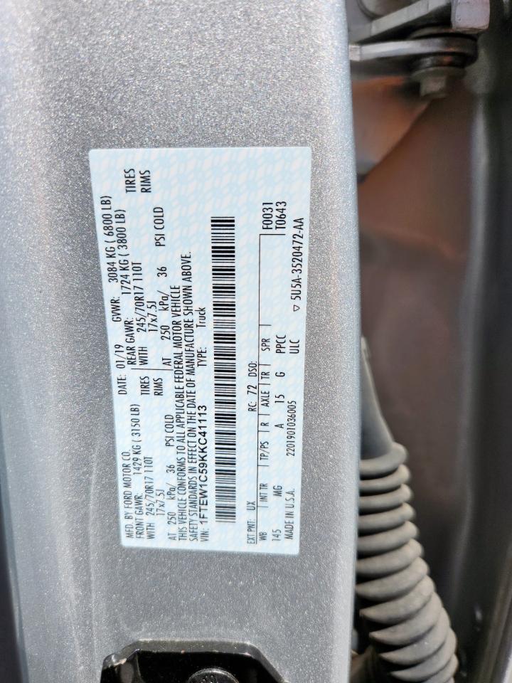 2019 Ford F150 Supercrew VIN: 1FTEW1C59KKC41113 Lot: 67601825