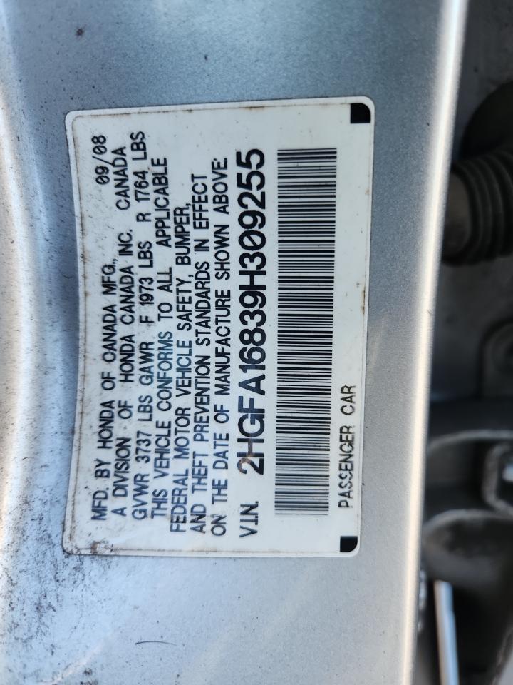 2009 Honda Civic Ex VIN: 2HGFA16839H309255 Lot: 70211965