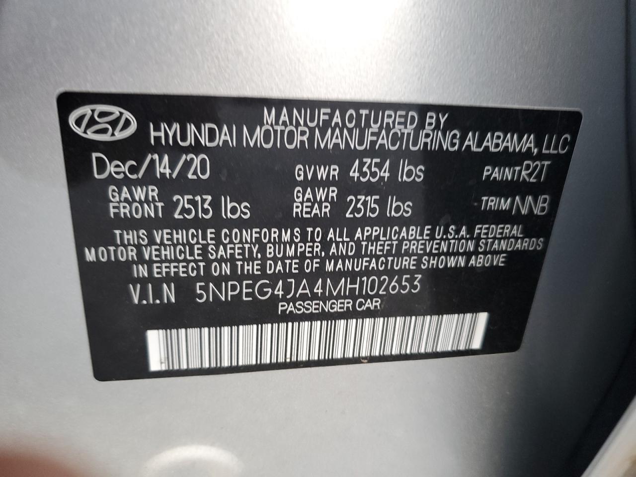 2021 Hyundai Sonata Se VIN: 5NPEG4JA4MH102653 Lot: 67784515