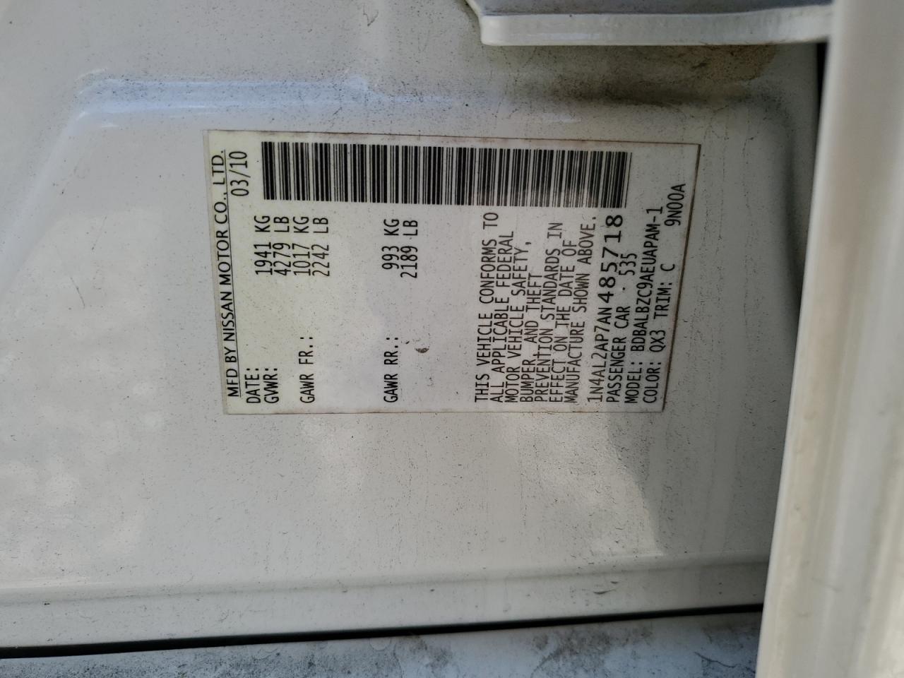 2010 Nissan Altima Base VIN: 1N4AL2AP7AN485718 Lot: 69863925