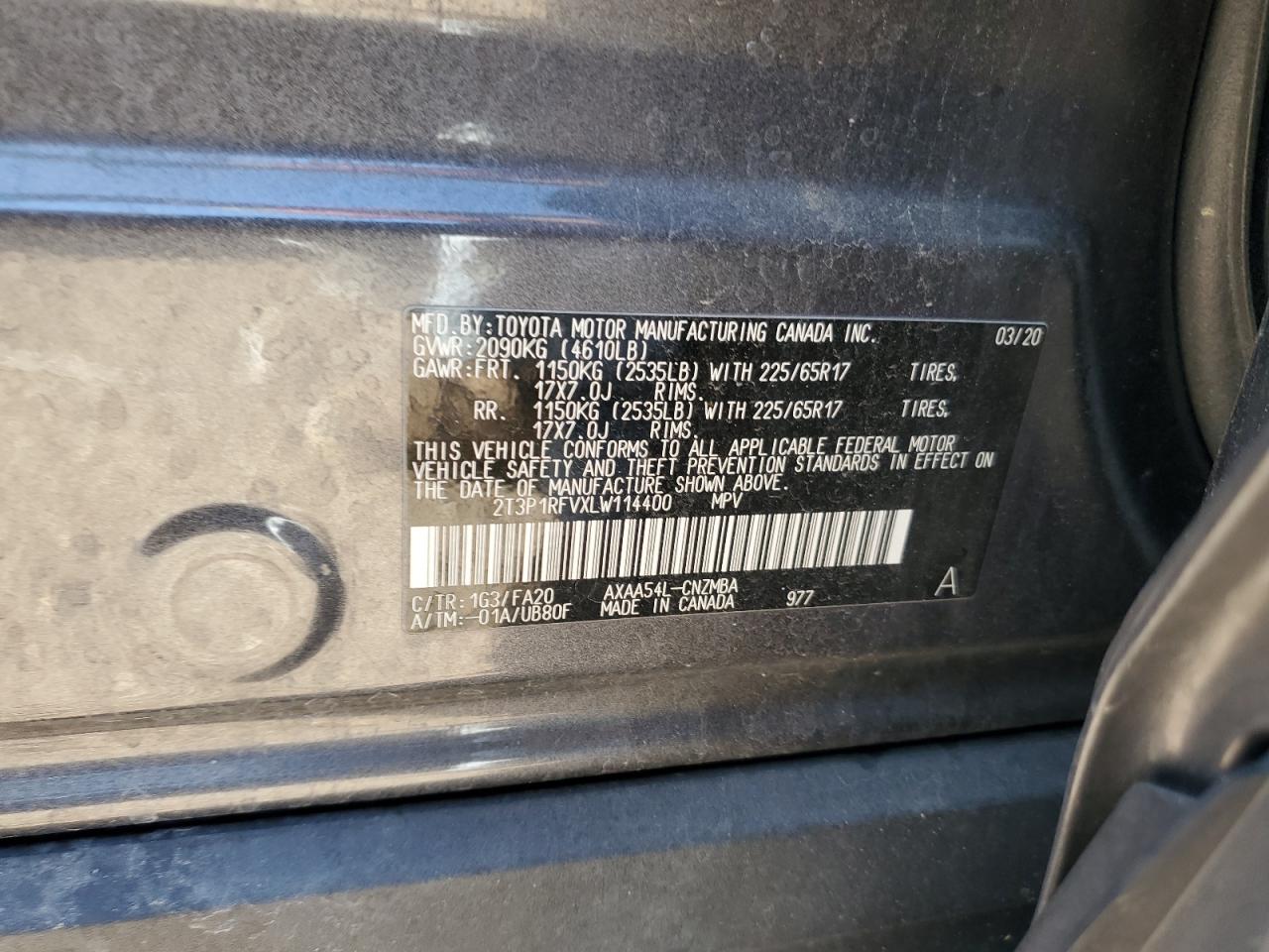 2020 Toyota Rav4 Xle VIN: 2T3P1RFVXLW114400 Lot: 69959075