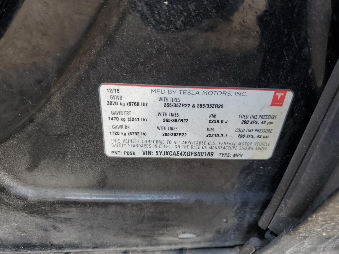 2016 Tesla Model X VIN: 5YJXCAE4XGFS00189 Lot: 69767535