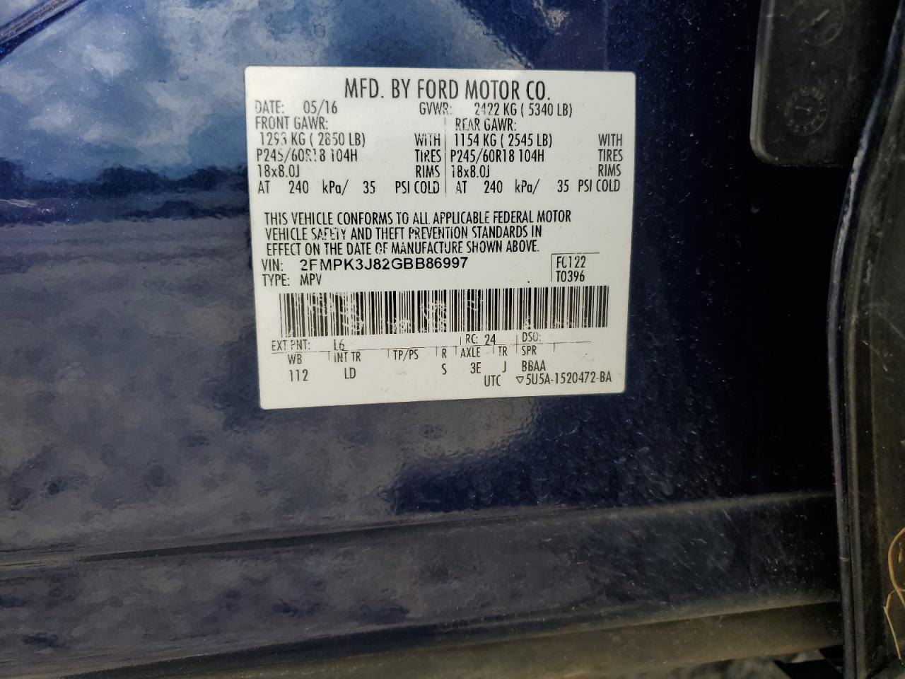 2016 Ford Edge Sel VIN: 2FMPK3J82GBB86997 Lot: 67731045