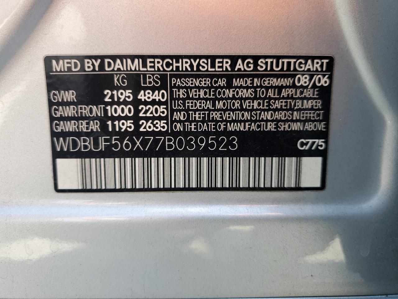 2007 Mercedes-Benz E 350 VIN: WDBUF56X77B039523 Lot: 68573605