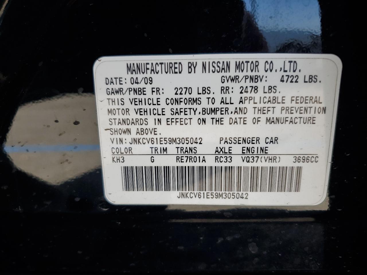 2009 Infiniti G37 Base VIN: JNKCV61E59M305042 Lot: 69876805