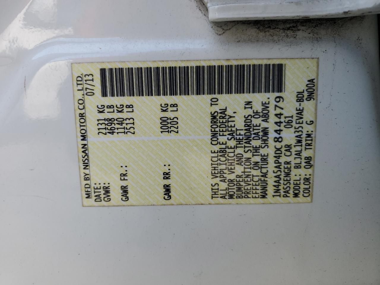 2013 Nissan Maxima S VIN: 1N4AA5AP4DC844479 Lot: 70760245