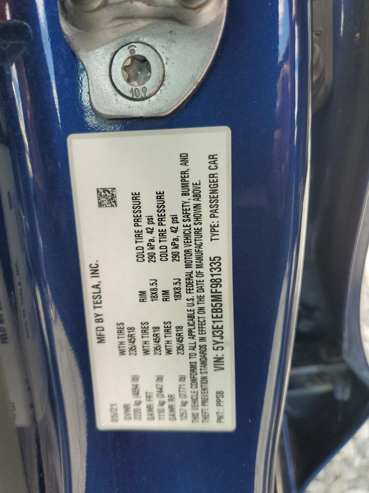 2021 Tesla Model 3 VIN: 5YJ3E1EB5MF981335 Lot: 70350135