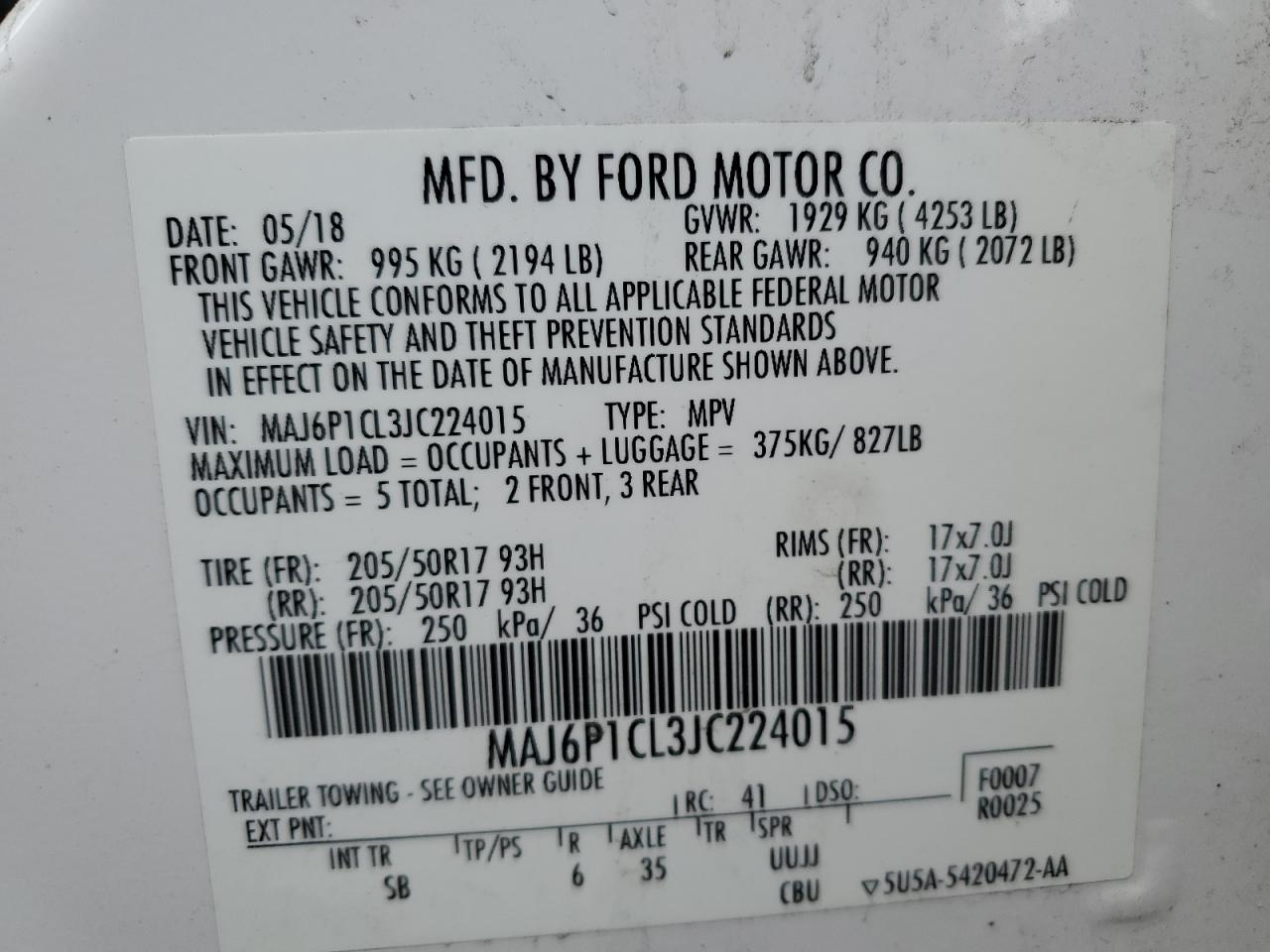 2018 Ford Ecosport Ses VIN: MAJ6P1CL3JC224015 Lot: 69934365