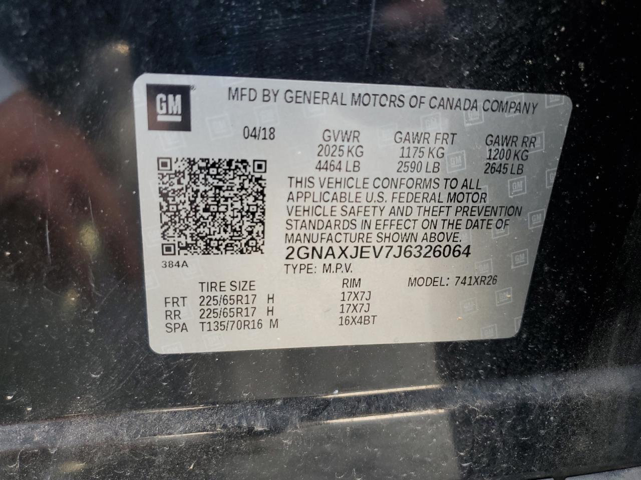 2018 Chevrolet Equinox Lt VIN: 2GNAXJEV7J6326064 Lot: 67953205