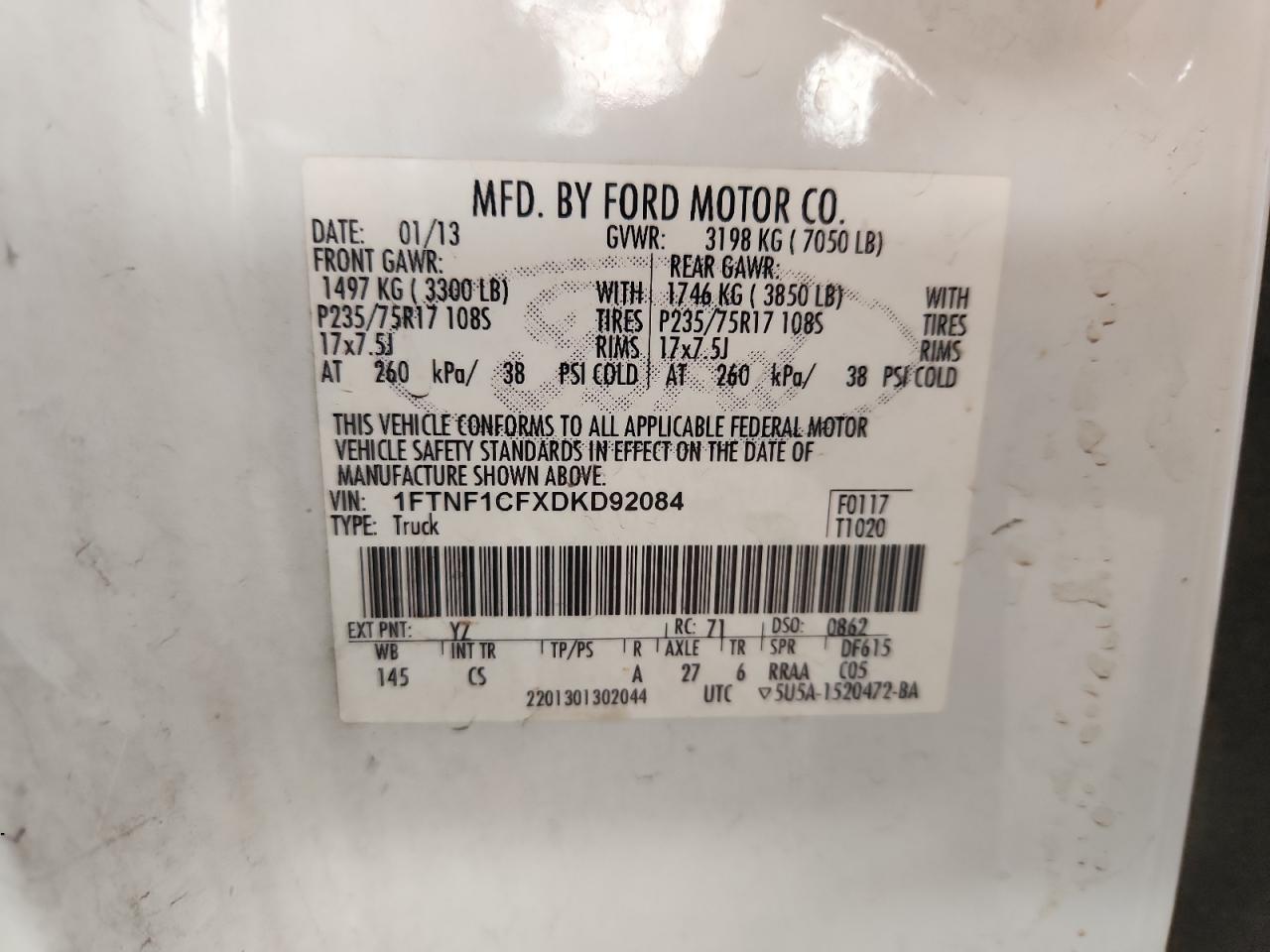 2013 Ford F150 VIN: 1FTNF1CFXDKD92084 Lot: 69519395