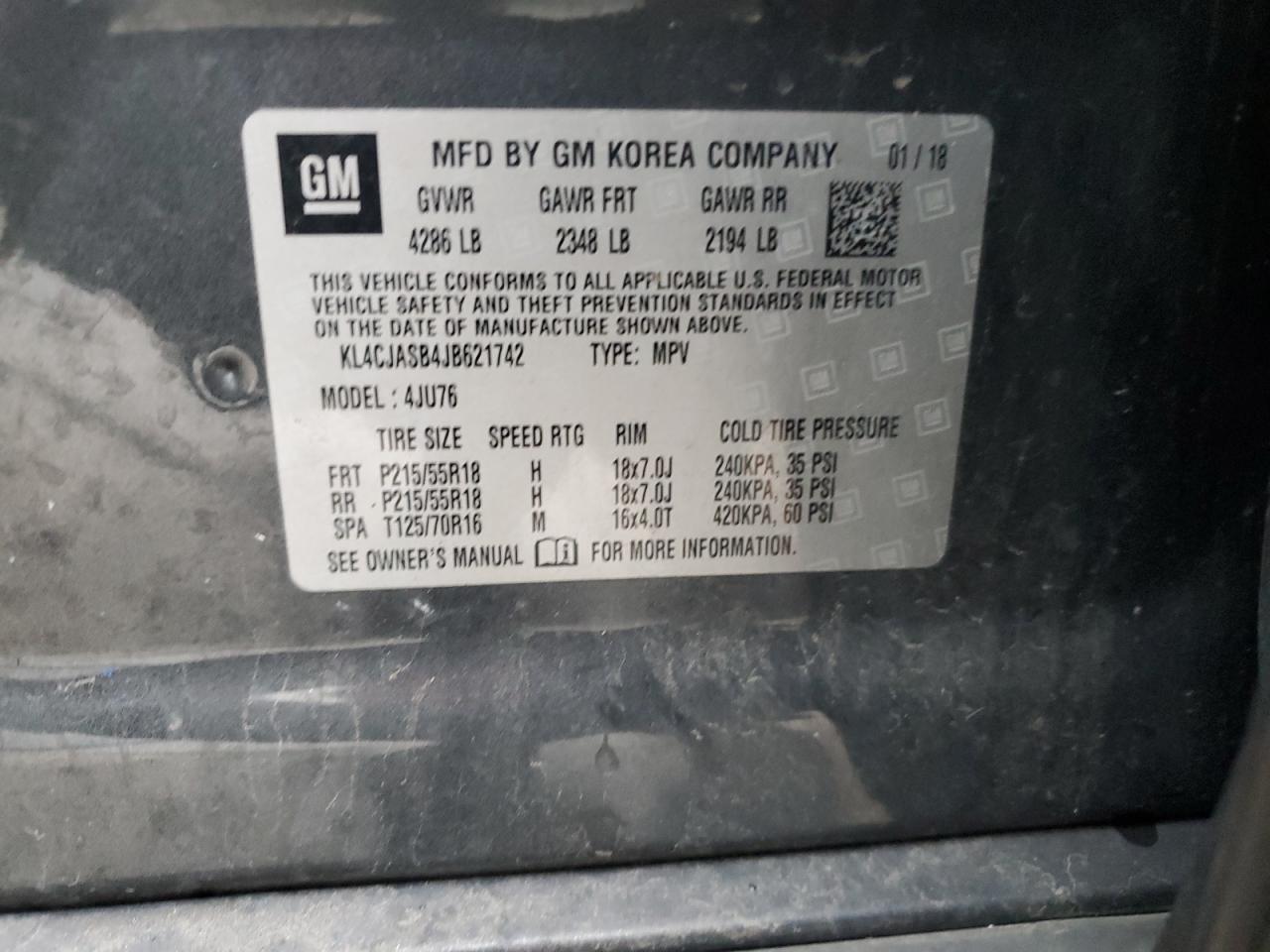 2018 Buick Encore Preferred VIN: KL4CJASB4JB621742 Lot: 70807985