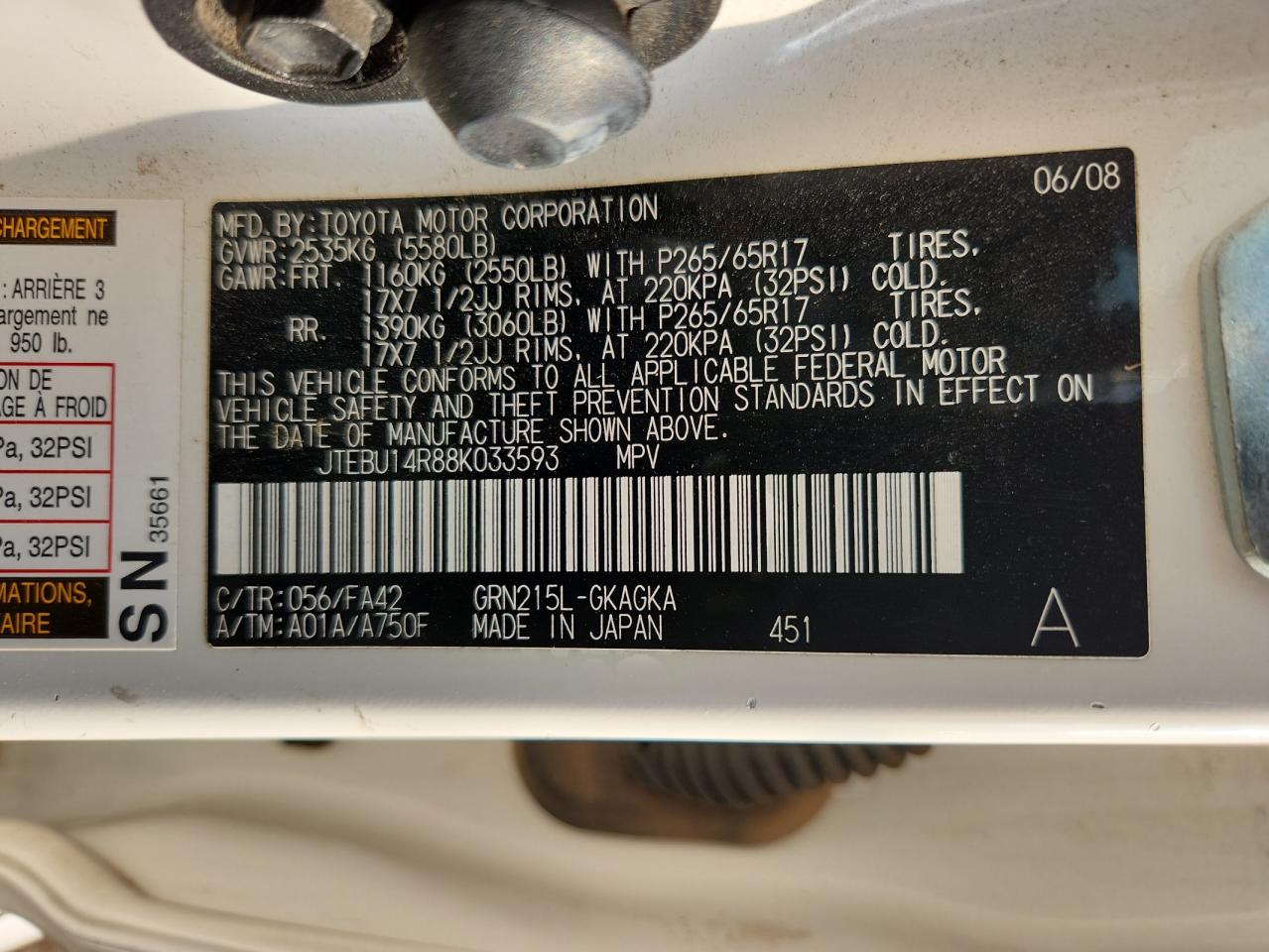 2008 Toyota 4Runner Sr5 VIN: JTEBU14R88K033593 Lot: 71268235