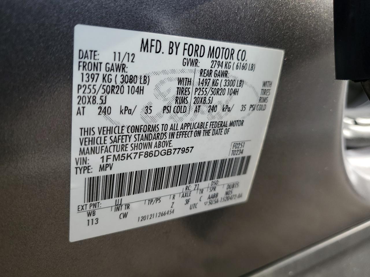 2013 Ford Explorer Limited VIN: 1FM5K7F86DGB77957 Lot: 70381055