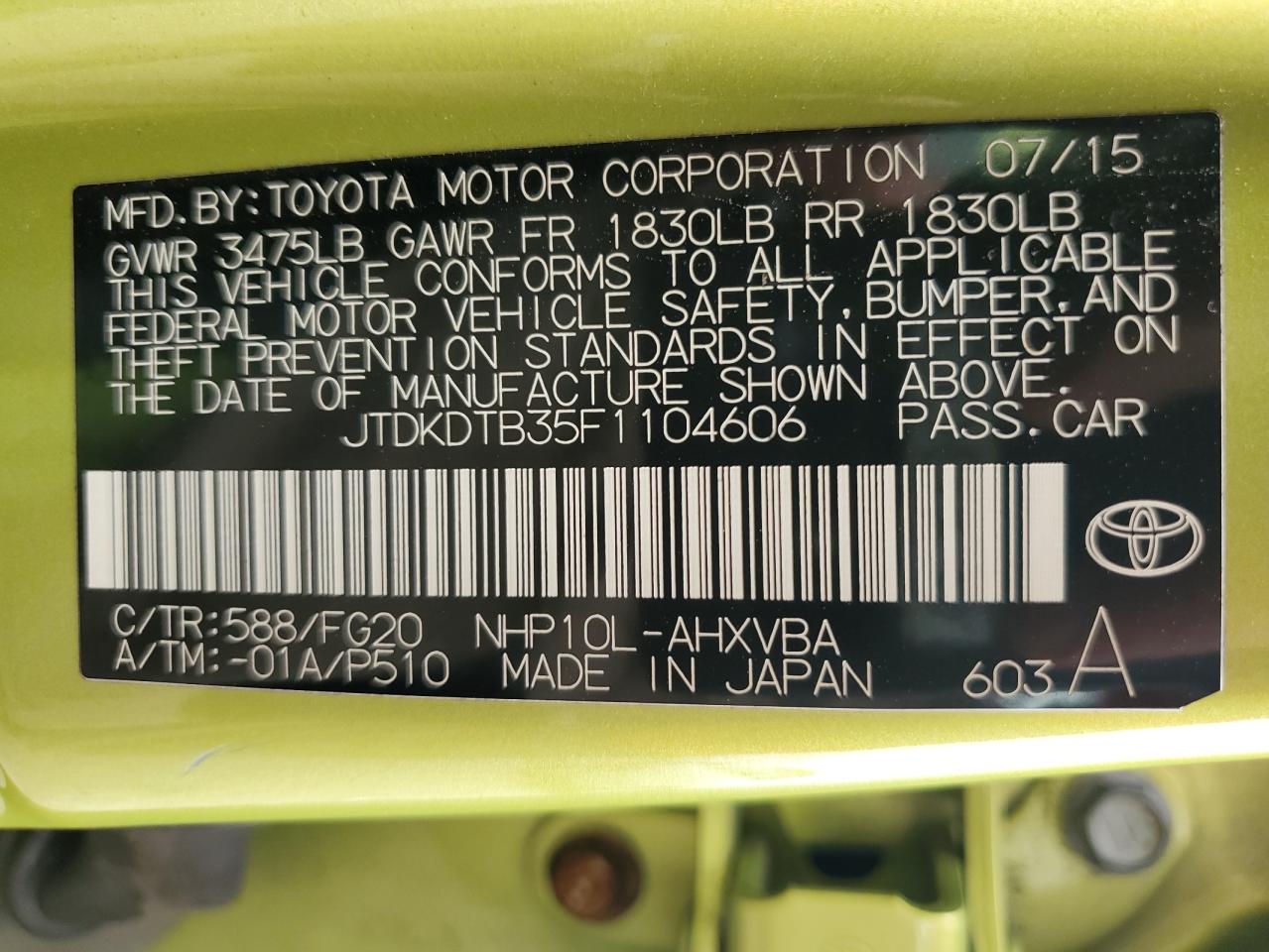 2015 Toyota Prius C VIN: JTDKDTB35F1104606 Lot: 69390215