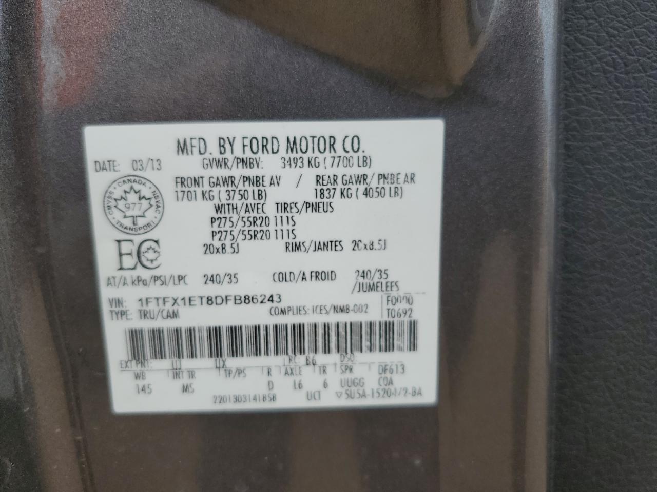 2013 Ford F150 Super Cab VIN: 1FTFX1ET8DFB86243 Lot: 69620865