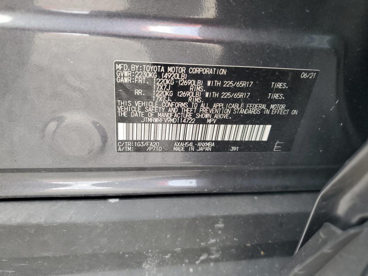 2021 Toyota Rav4 Xle VIN: JTMRWRFV9MD114722 Lot: 69196305