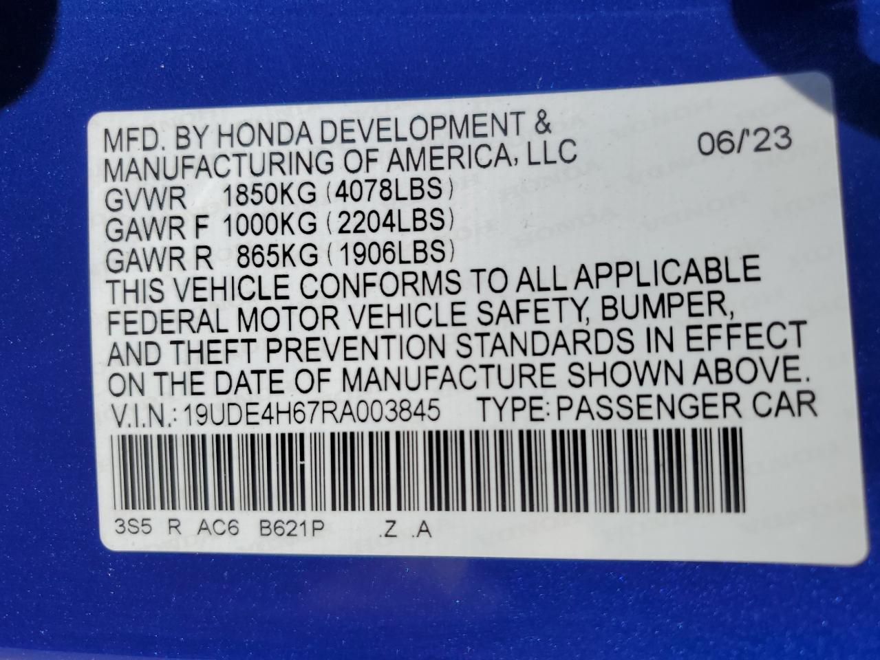 2024 Acura Integra A-Spec Tech VIN: 19UDE4H67RA003845 Lot: 68152465