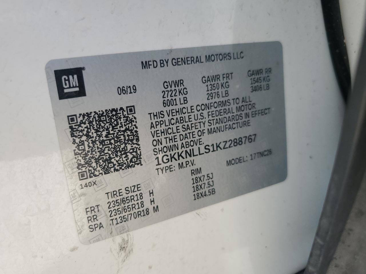 2019 GMC Acadia Sle VIN: 1GKKNLLS1KZ288767 Lot: 70775025