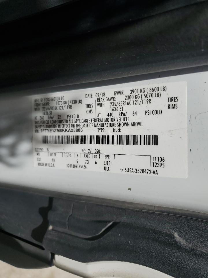 2019 Ford Transit T-150 VIN: 1FTYE1ZM8KKA08886 Lot: 86341625