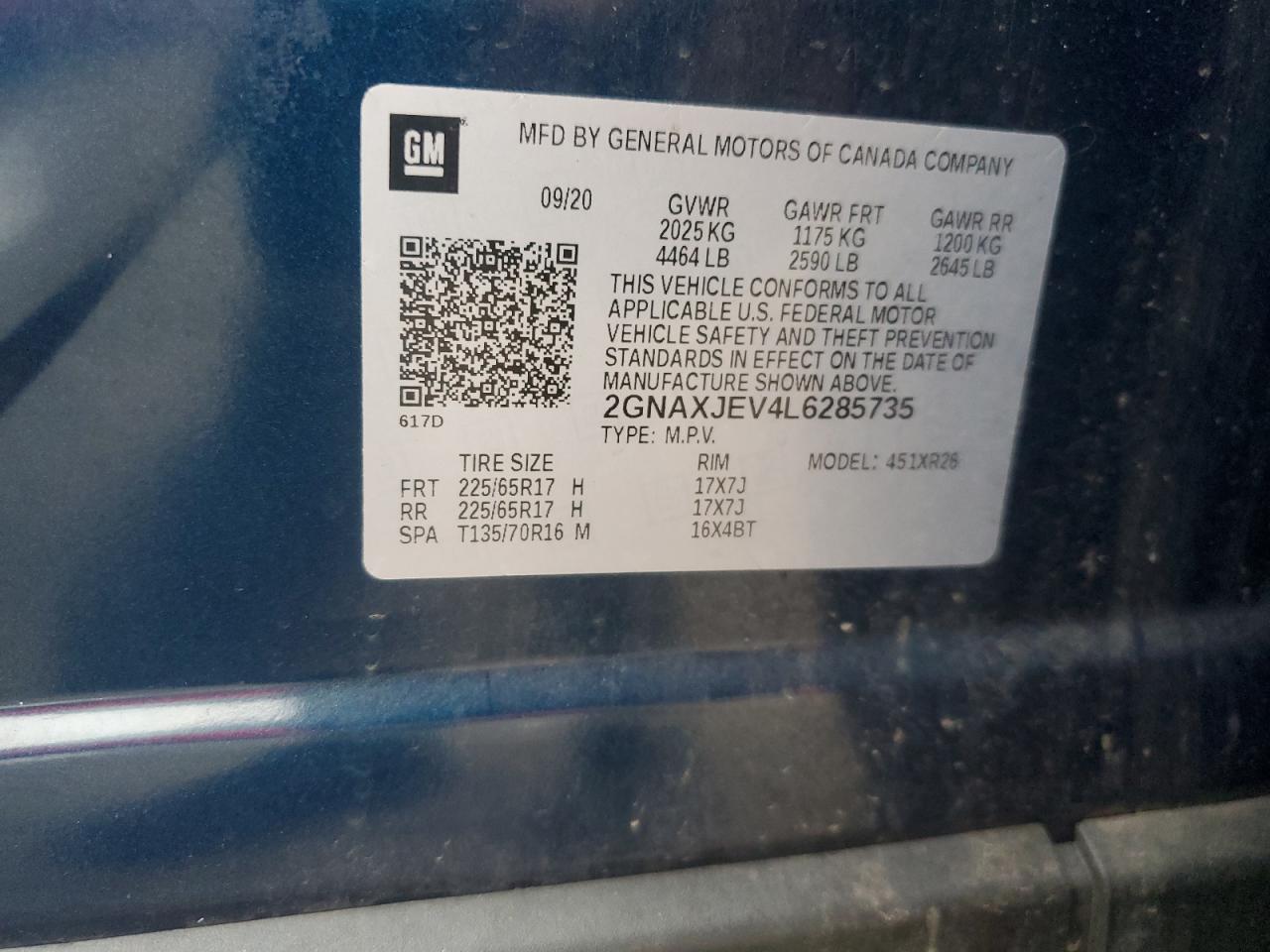 2020 Chevrolet Equinox Lt VIN: 2GNAXJEV4L6285735 Lot: 68069845