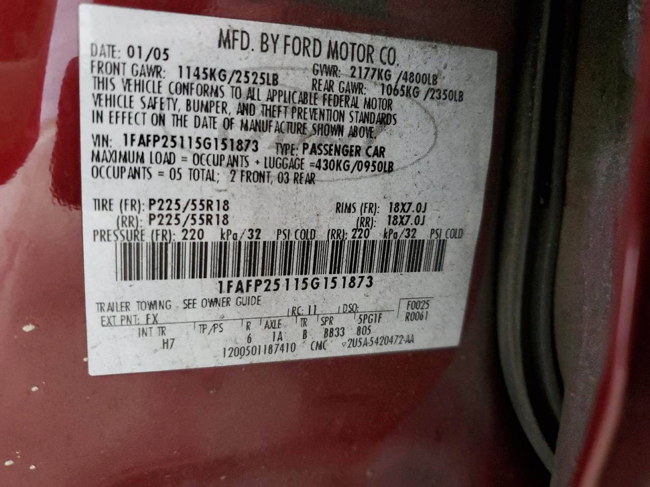 2005 Ford Five Hundred Limited VIN: 1FAFP25115G151873 Lot: 69826635