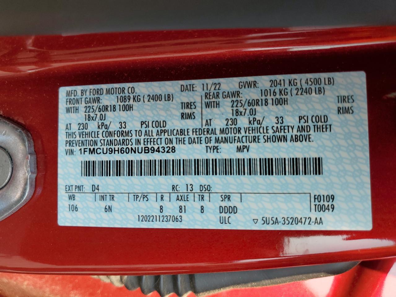 2022 Ford Escape Sel VIN: 1FMCU9H60NUB94328 Lot: 67662855