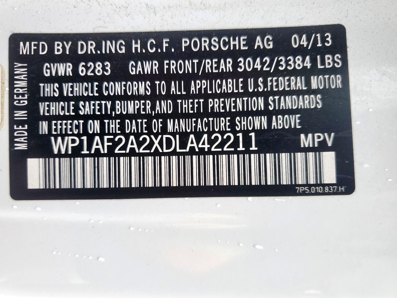 2013 Porsche Cayenne VIN: WP1AF2A2XDLA42211 Lot: 69676975