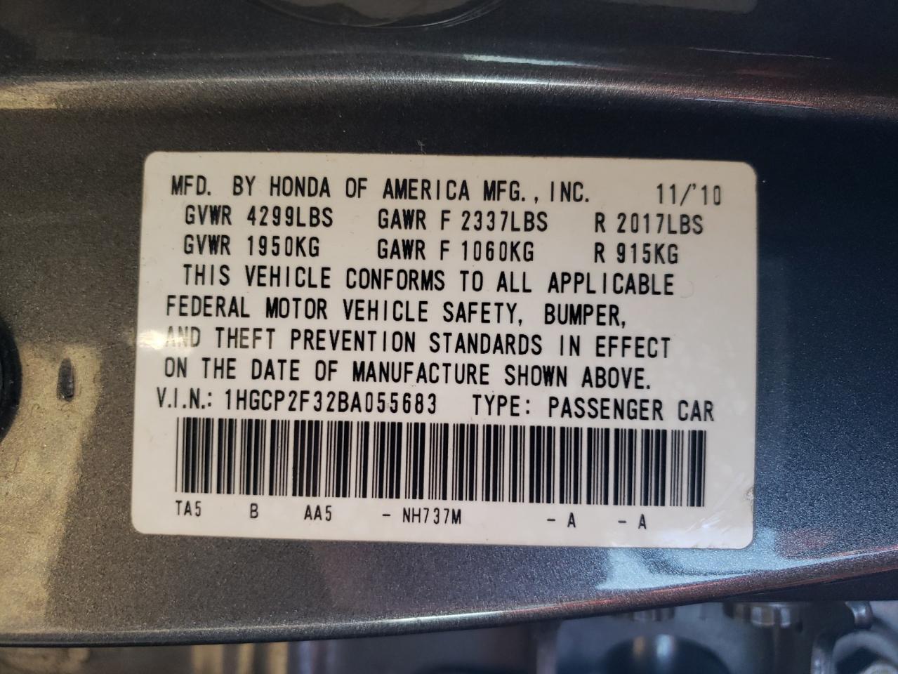 2011 Honda Accord Lx VIN: 1HGCP2F32BA055683 Lot: 70770145