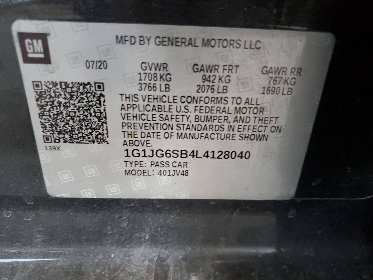 2020 Chevrolet Sonic VIN: 1G1JG6SB4L4128040 Lot: 69305235