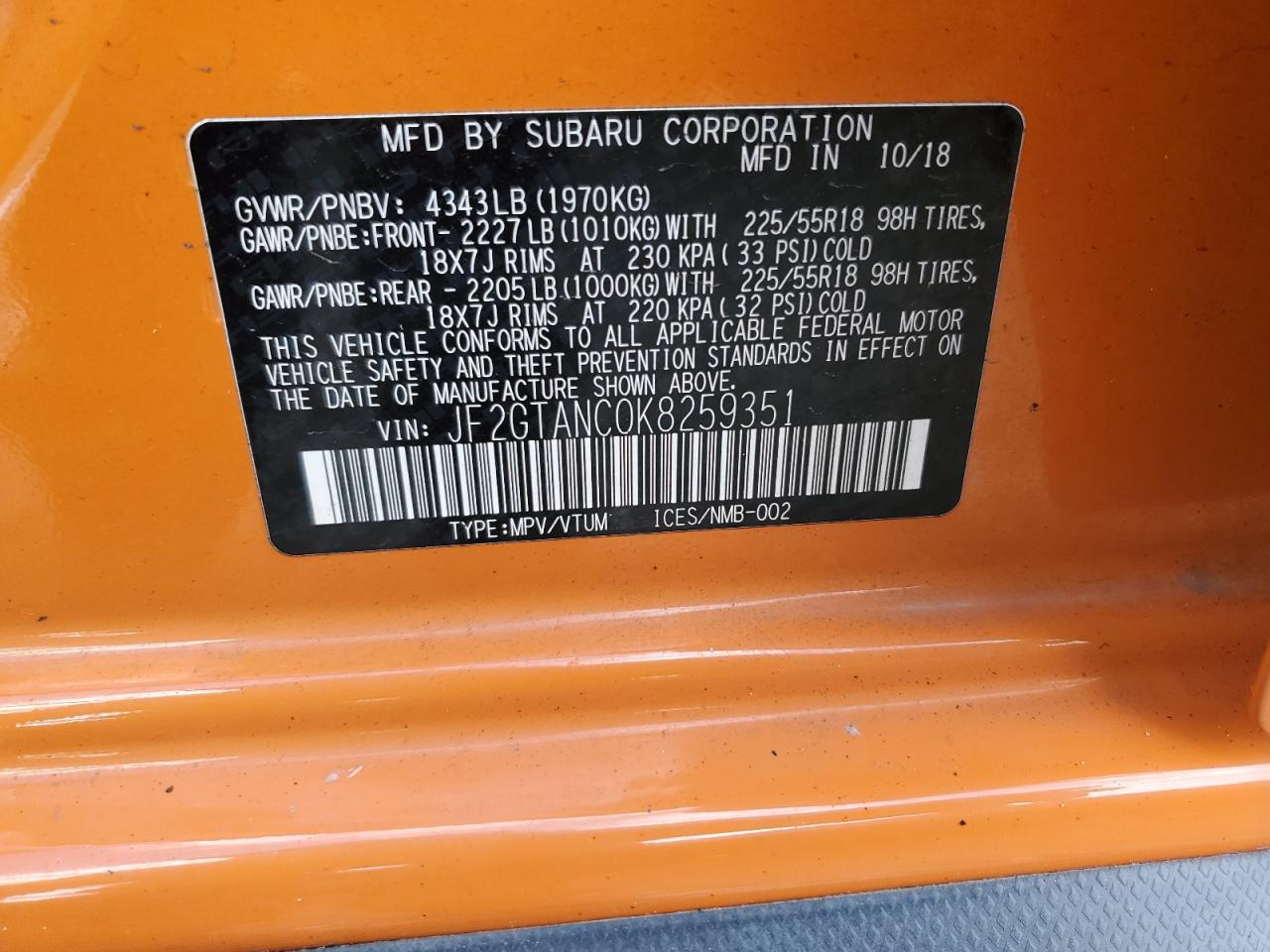 2019 Subaru Crosstrek Limited VIN: JF2GTANC0K8259351 Lot: 68934685