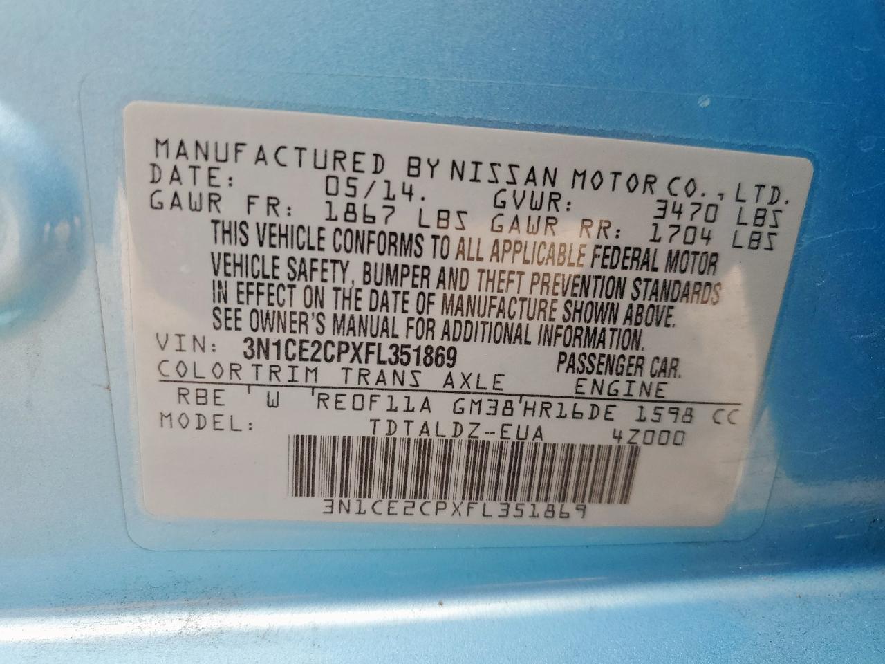 2015 Nissan Versa Note S VIN: 3N1CE2CPXFL351869 Lot: 69925945