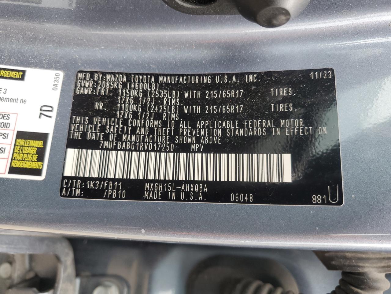 2024 Toyota Corolla Cross Se VIN: 7MUFBABG1RV017250 Lot: 69619235