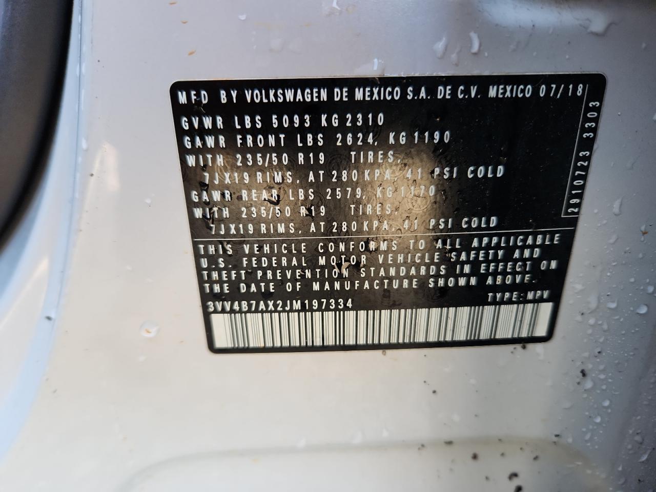 2018 Volkswagen Tiguan Sel Premium VIN: 3VV4B7AX2JM197334 Lot: 69982405