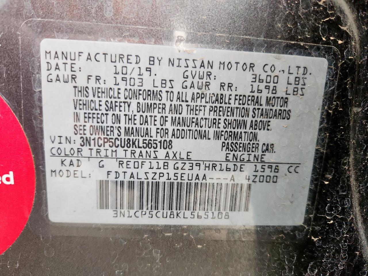 2019 Nissan Kicks S VIN: 3N1CP5CU8KL565108 Lot: 71123225