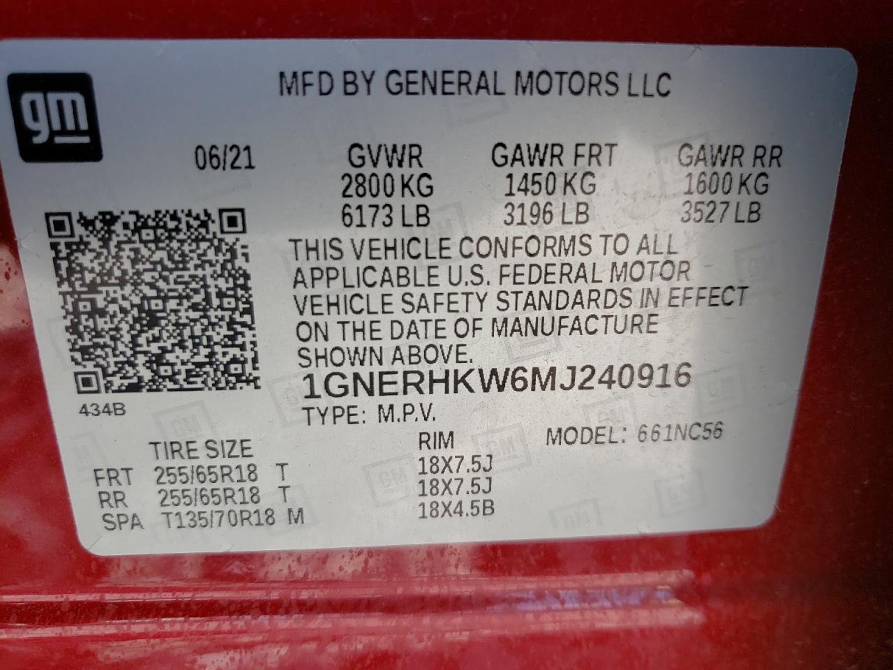 2021 Chevrolet Traverse Lt VIN: 1GNERHKW6MJ240916 Lot: 67798765